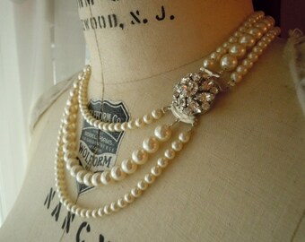 Betty...Swarovksi Pearl and Rhinestone Clasp Necklace, Triple Strand, Made to Order, Gatsby Theme, Wedding, Quincenera, Art Deco