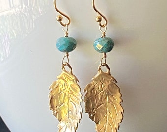 Artisan Leaf Earrings, Turquoise Czech Glass Bead, Goldfilled, Wire wrapped...Ready to Ship