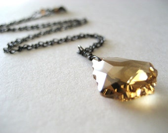 Baroque Swarovski Crystal Pendant on Oxidized Sterling Silver Chain, Light Topaz, Ready to Ship