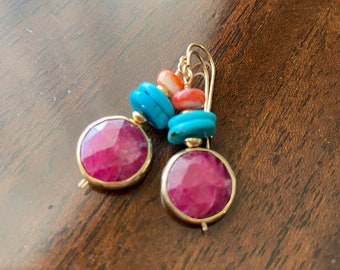 Ruby, Turquoise, Red Spiny Oyster, Goldfilled Earrings, Boho…Ready to Ship