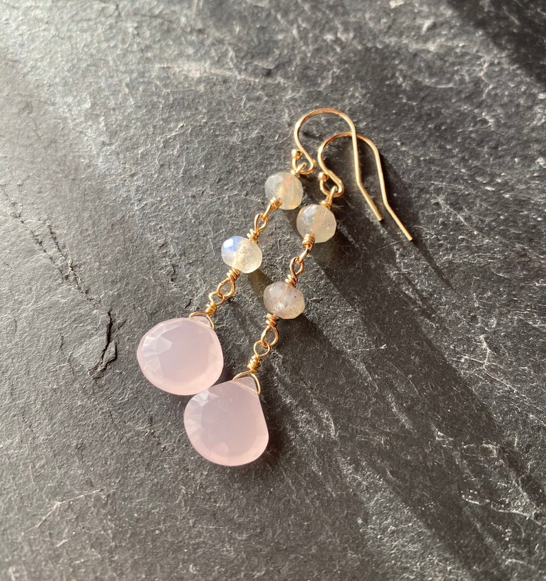 Ready to Ship Labradorite Rondelle Pink Chalcedony Briolette Goldfilled Dangle Earrings