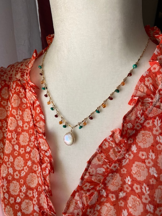Chaîne En Argent Avec Pendentif Grenats, Turquoises Et Perle Baroque – Occasion
