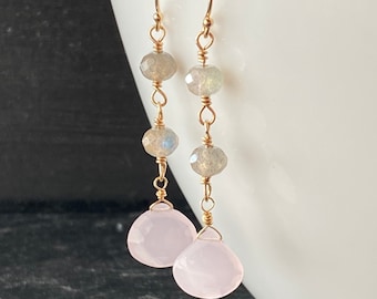 Pink Chalcedony Briolette, Labradorite Rondelle, Goldfilled Dangle Earrings, Ready to Ship