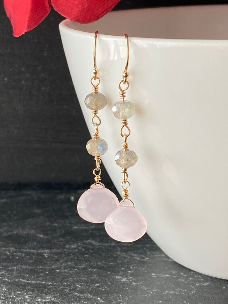 Ready to Ship Labradorite Rondelle Pink Chalcedony Briolette Goldfilled Dangle Earrings