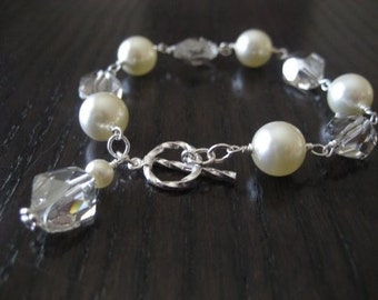 Swarovski Pearl and Cosmic Crystal Bracelet...Silver Shade and Cream...FREE matching earrings