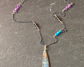 Australian Boulder Opal, Apatite, Amethyst, Smokey Quartz Necklace, Mixed Metal, Layering, Colorful, Ready to Ship