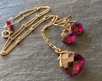 Swarovski Crystal Briolette Necklace and Earrings Set, Gold-tone, Goldfilled, Ruby Red, Ready to Ship