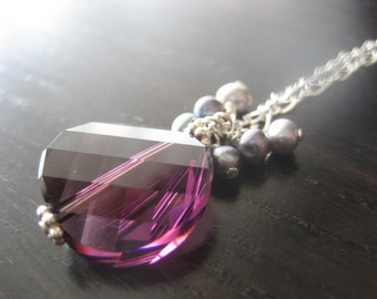 Amethyst Swarovski Crystal and Freshwater Pearl Pendant Necklace