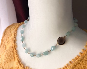 Quiet Charmer...Aquamarine and Smokey Quartz Necklace...Gold filled...Ready to Ship