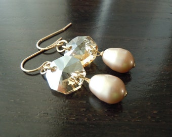 Octagon Shaped Swarovski Crystal and Teardrop Pearl, Gold-filled, Champagne, Topaz