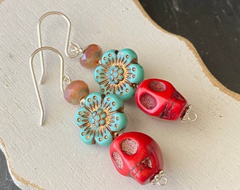 Día de los Muertos, Halloween, Red Howlite Skull, Czech Glass Flower, Earrings, Sterling Silver, Ready to Ship