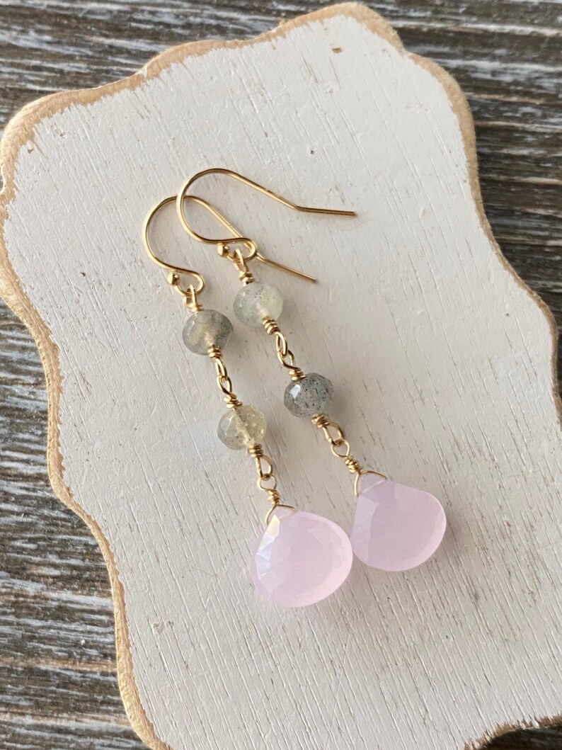 Ready to Ship Labradorite Rondelle Pink Chalcedony Briolette Goldfilled Dangle Earrings