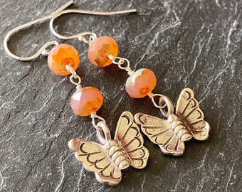 Czech Glass, Faceted Orange, Thai Karen Hill Tribe Butterfly Charm Earrings, Sterling Silver, Ready to Ship