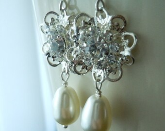 Swarovski Filigree Flower Scroll and Teardrop Pearl Earrings, Bridal Jewelry