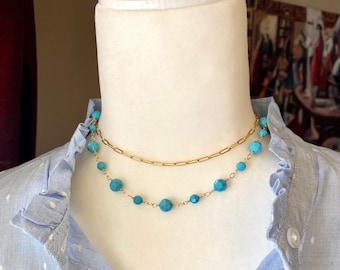 Turquoise Swarovski Crystal Necklace, Gold filled, Layer, Beaded, Handmade