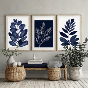 Navy Blue Abstract Botanical Art Set of 3 Printable Wall Art Modern ...