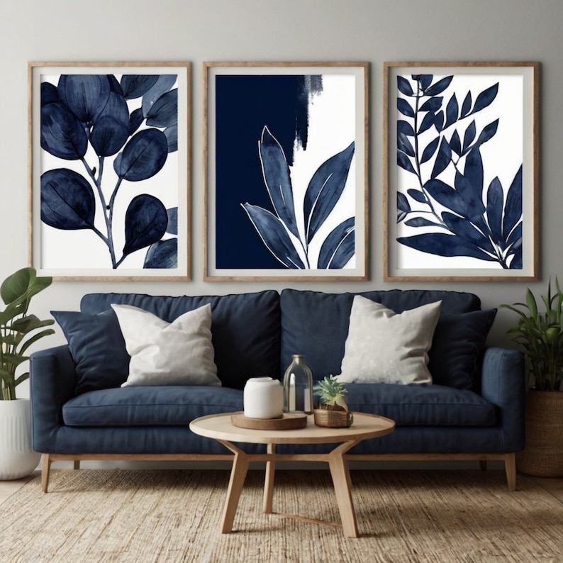 Navy Blue Abstract Botanical Art Set of 3 Printable Wall Art Modern ...