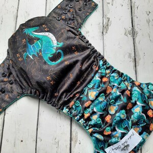 One Size Side Snap Pocket Cloth Diaper Teal Dragon 10-48 lbs