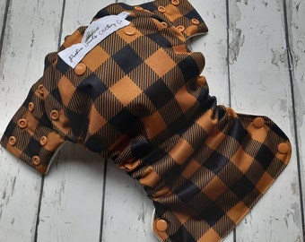 Organic Side Snap All in One Cloth Diaper Gold and Black Lumberjack Plaid AIO PUL Sized Made to Order