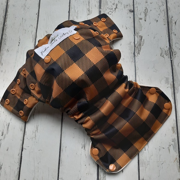 Organic Side Snap All in One Cloth Diaper Gold and Black Lumberjack Plaid AIO PUL Sized Made to Order