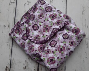Newborn Organic Hemp Winged Prefold Cloth Diaper Preflat Purple Hearts and Flowers 6-20 lbs