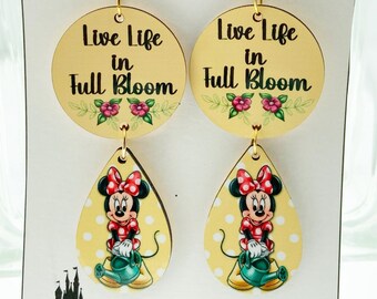 Minnie Mouse Garden Earrings, Laser Cut Wood, Sublimated Illustration