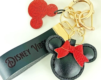 Disney Minnie Mouse Keychain, Engraved Leather Handle, Disney Fan Gift