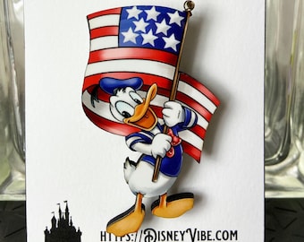 Patriotic Donald Duck Brooch, American Flag, Laser Cut Wood Pin