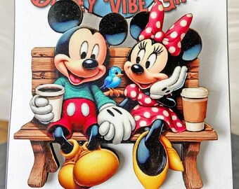 Mickey and Minnie Coffee Break Brooch or Necklace, Laser Cut Wood