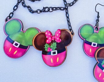 Disney Christmas Necklace or Earrings: Pink Holiday Mickey & Minnie