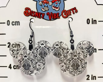 Mickey Mouse Earrings, Black Damask Pattern, Laser Cut Acrylic, Disney Jewelry