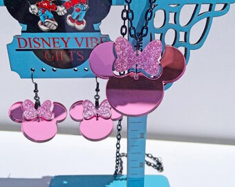 Pink Mirror Minnie Mouse Earrings or Necklace, Glitter Bow Accent