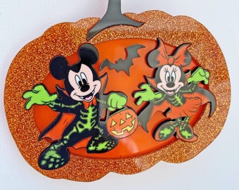 Mickey and Minnie Halloween Brooch, Laser Cut Acrylic and Wood