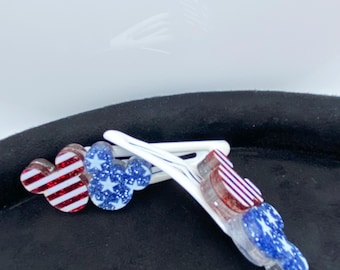 Patriotic Mouse Hair Clips – Red, White, and Blue Glitter, 4th of July