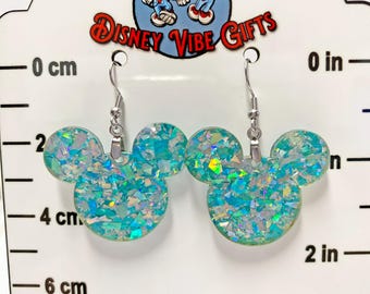 Disney Mouse Ears Earrings, Aqua Glitter Acrylic, Disney Fan Gift