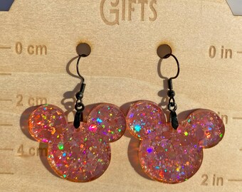Holographic Pink Disney Mouse Earrings | Glitter Acrylic Dangles