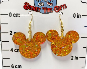 Iridescent Mouse Earrings: Fiery Sunset Shattered Glass, Clip-On Option