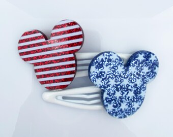 Patriotic Mouse Hair Clips – Red Glitter Stripes & Blue Stars
