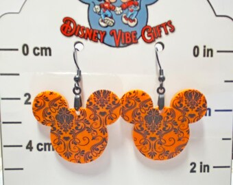 Disney Mouse Ears Earrings, Orange Black Damask, Laser Cut Acrylic