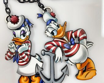Disney Cruise Necklace | Donald & Daisy Sailor Wood Pendant, Black Chain