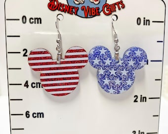 Pendientes patrióticos de ratones Disney / Purpurina roja, blanca y azul para el 4 de julio