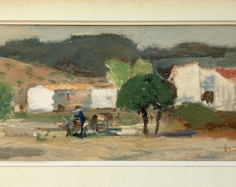 Original schwedisches Ölgemälde, mediterranes Dorf, Mid Century, skandinavische Wandkunst