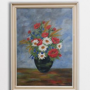 Vintage Oil Painting of flowers - floral still life - Flower Bouquet Painting - Signed Original Art -  Mid Century Danish Oil Painting