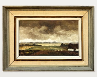 Modern landschapsschilderij, klein Deens vintage olieverfschilderij, boerderijdecor