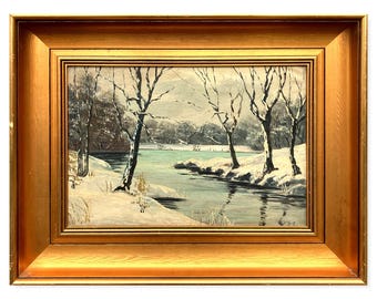 Antique Scandinavian Winter Landscape Oil Painting: Signed Original Wall Art
