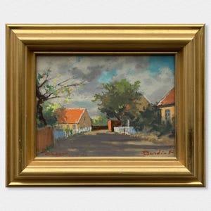 Pequeño cuadro al óleo del artista danés Hans Bendix Pedersen: paisaje callejero de Skagen. Óleo sobre tabla