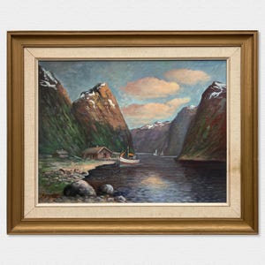 Vintage Norwegian Fjord Landscape Oil Painting, Framed Fine Art, 1950s Impressionist Scene with Fishing boat