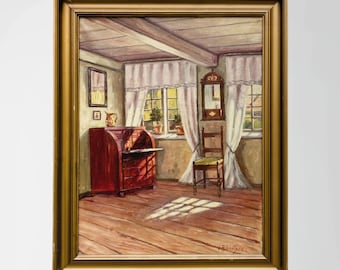 Dipinto ad olio danese originale, interno di una casa colonica, metà del XX secolo, arte murale scandinava