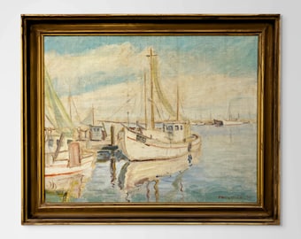 Dipinto ad olio danese originale, porto di pescherecci, metà del XX secolo, arte murale costiera, Kongsmar