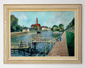 Grande dipinto originale svedese ad olio, scena del canale di Malmö, metà del XX secolo, arte murale scandinava